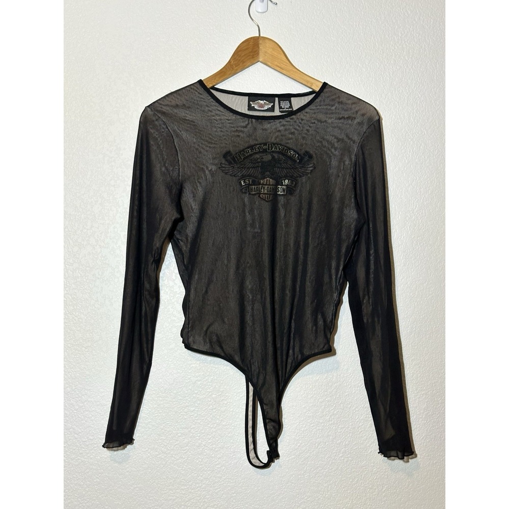Harley Davidson Womens Sheer Mesh Bodysuit‎ Black Long Sleeve Size L Y2K